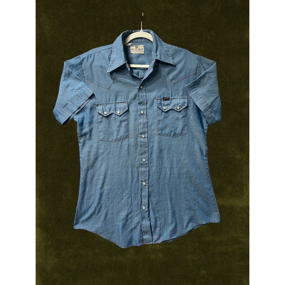 Vintage 70s Dee Cee Brand Mens Western Pearl Snap Shirt Blue Short Sleeve Medium
